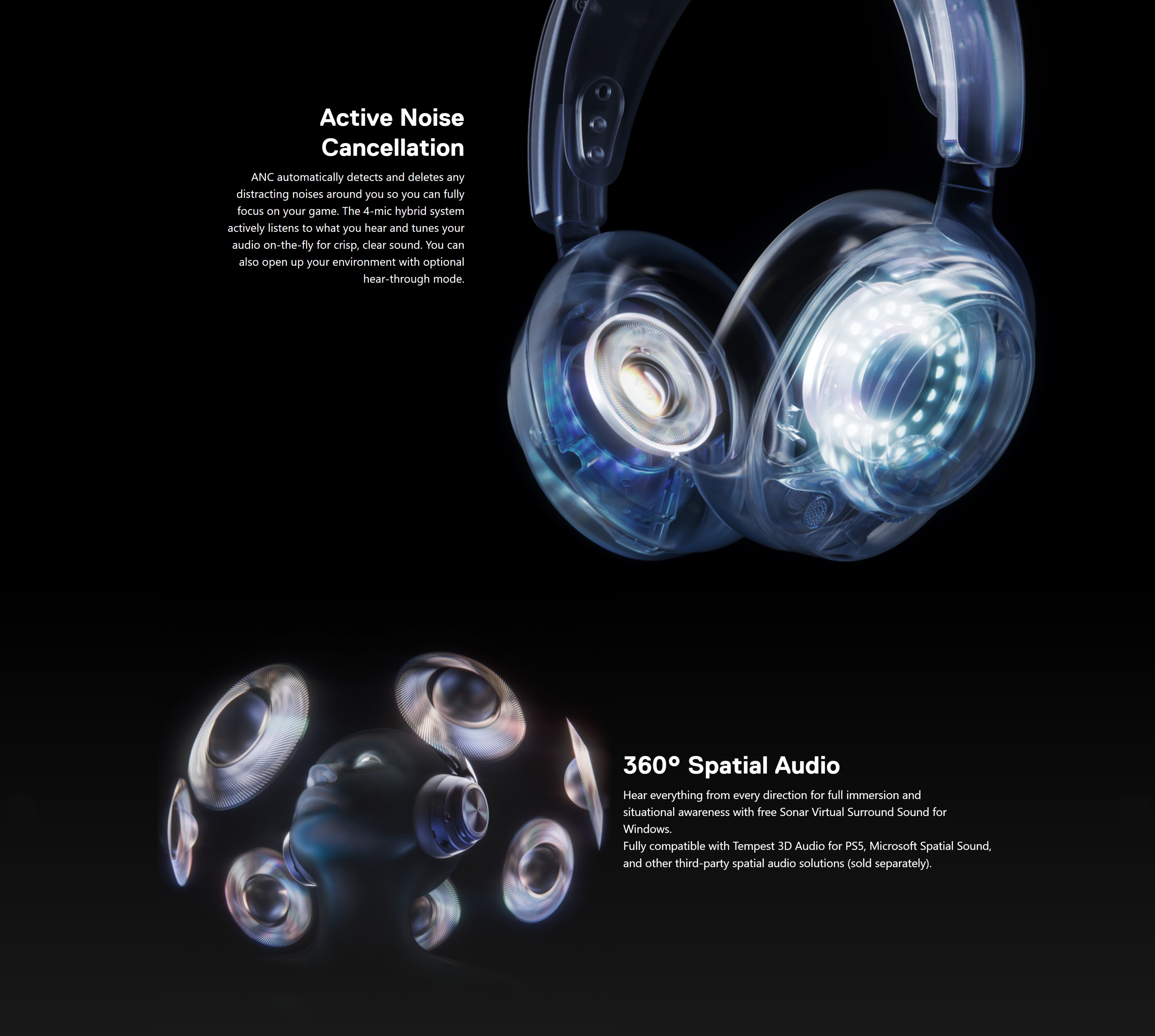 A large marketing image providing additional information about the product SteelSeries Arctis Nova Pro Wireless - Gaming Headset - White - Additional alt info not provided